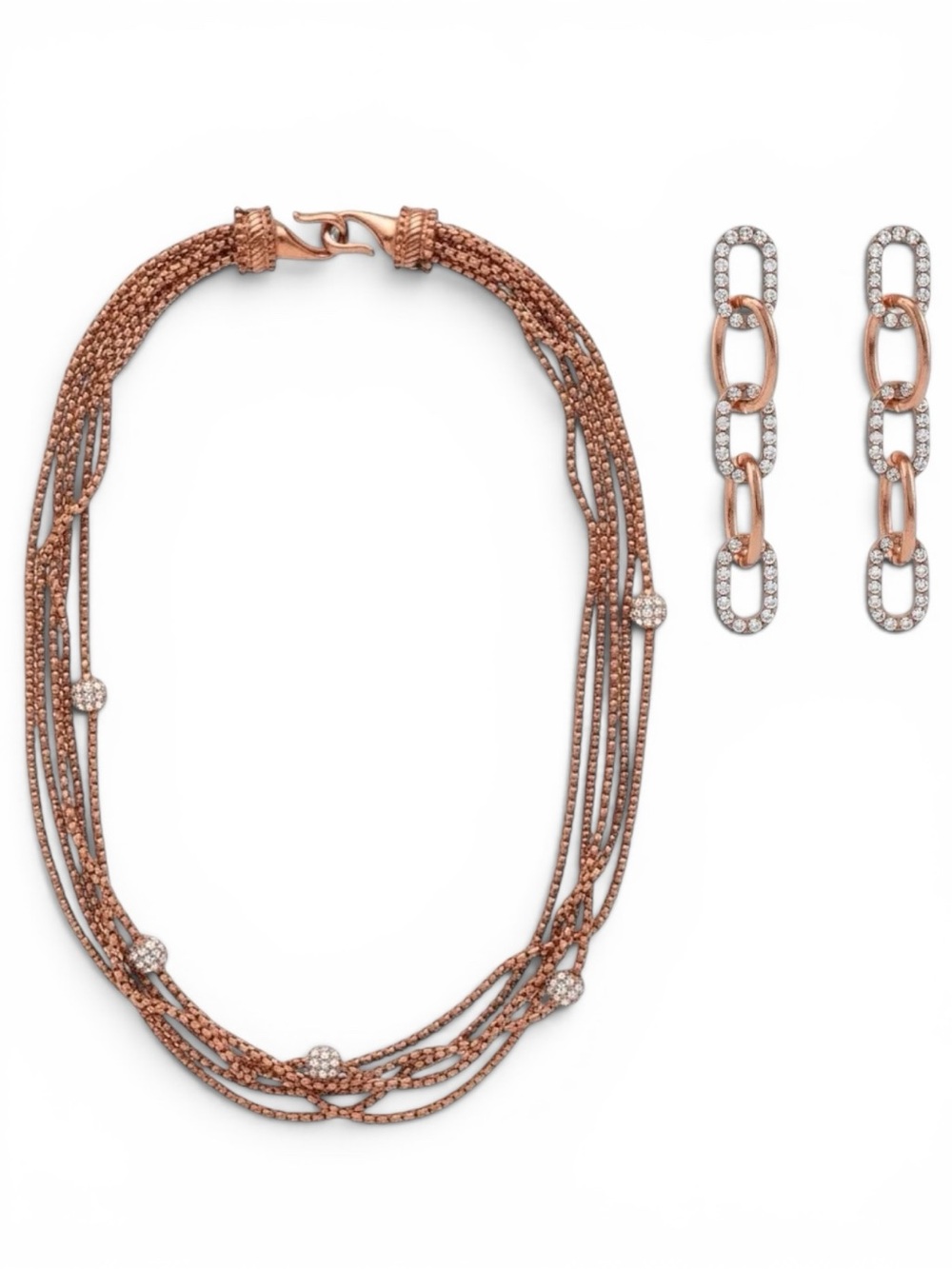 Elegant Copper Multi-Strand Choker Necklace & Matching Pavé Rhinestone Earrings